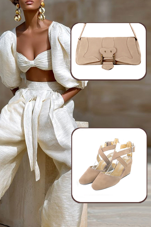Dress closed-toe heels crossed straps in tan beige leather with medium wedge heels and round toe - Worn view